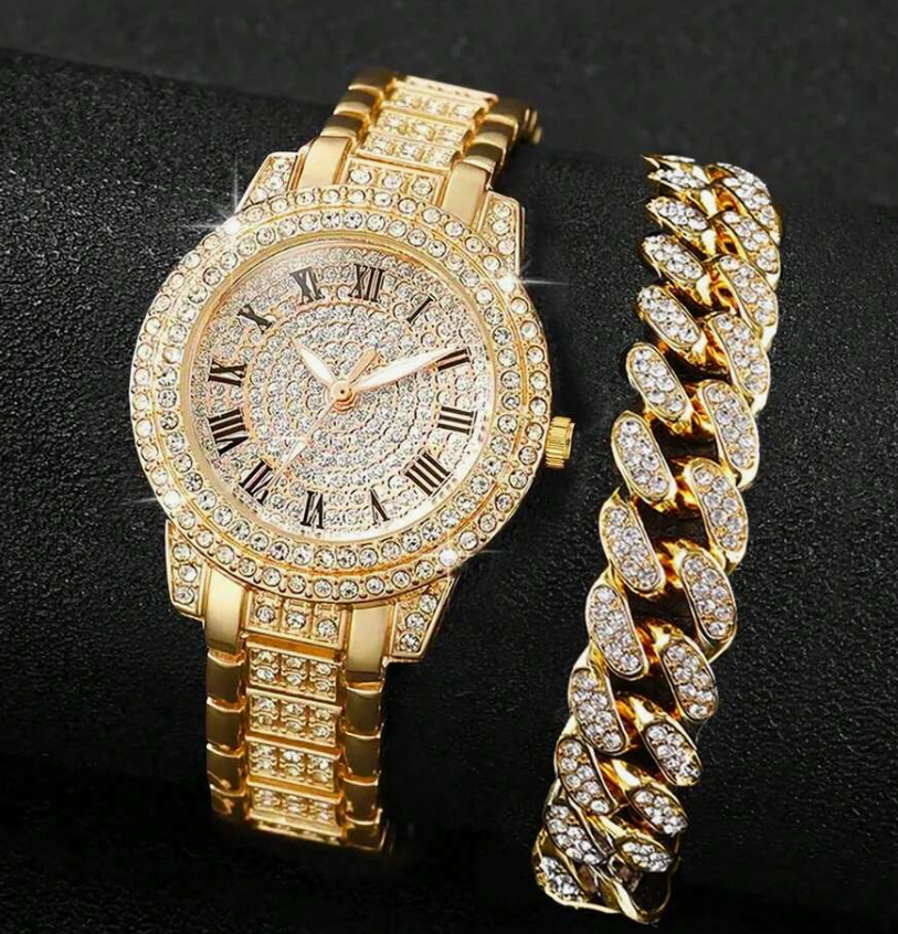 Set 2 Piezas: Reloj Strass Dorado + Pulsera Cubana